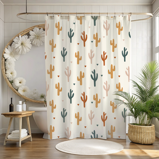 Shower curtain with cactus pattern in a bathroom setting