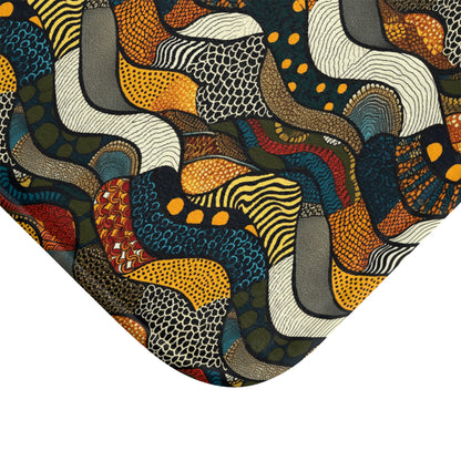 Colorful abstract fabric pattern with wavy lines, dots, and textured shapes