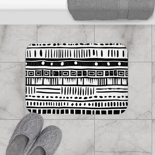 Black and White Mud Cloth Print Bath Mat