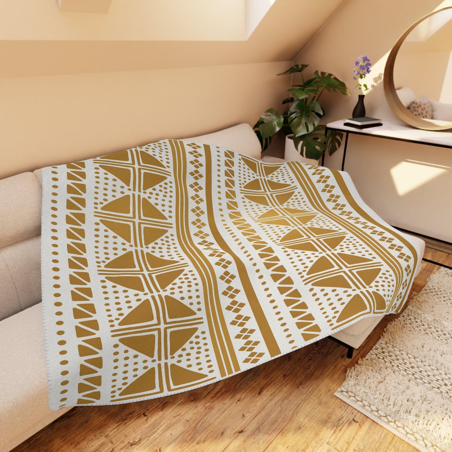 White Gold Mudcloth Sherpa Blanket