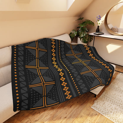 Black Gold Mudcloth Sherpa Blanket