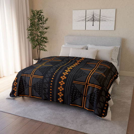 Black Gold Mudcloth Sherpa Blanket