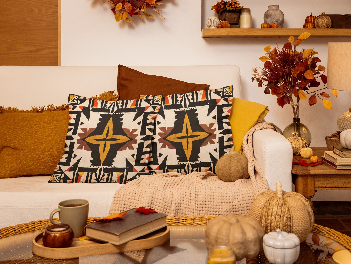 Two patterned pillows on a sofa in a cozy fall-themed living room with autumn decor