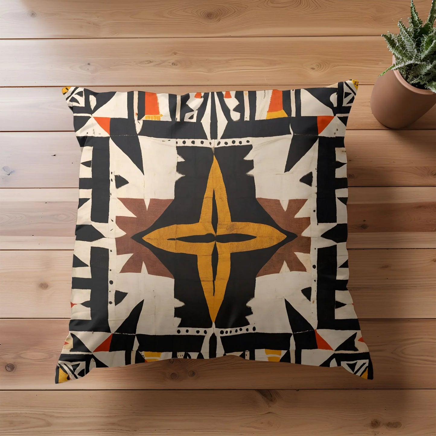 Tribal pattern throw pillow on wooden table with potted cactus plant