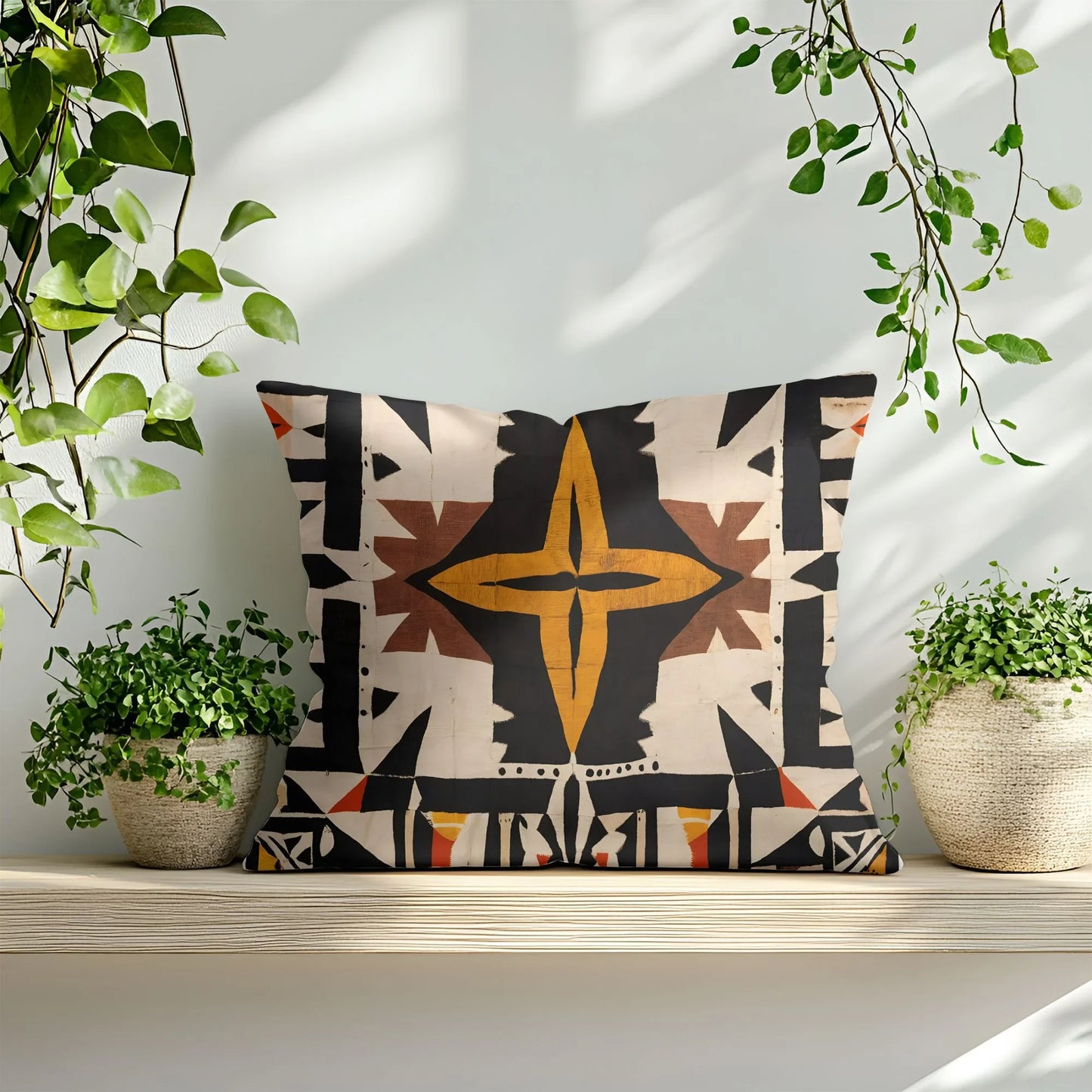 Geometric tribal print throw pillow on wooden shelf with potted plants for modern home decor