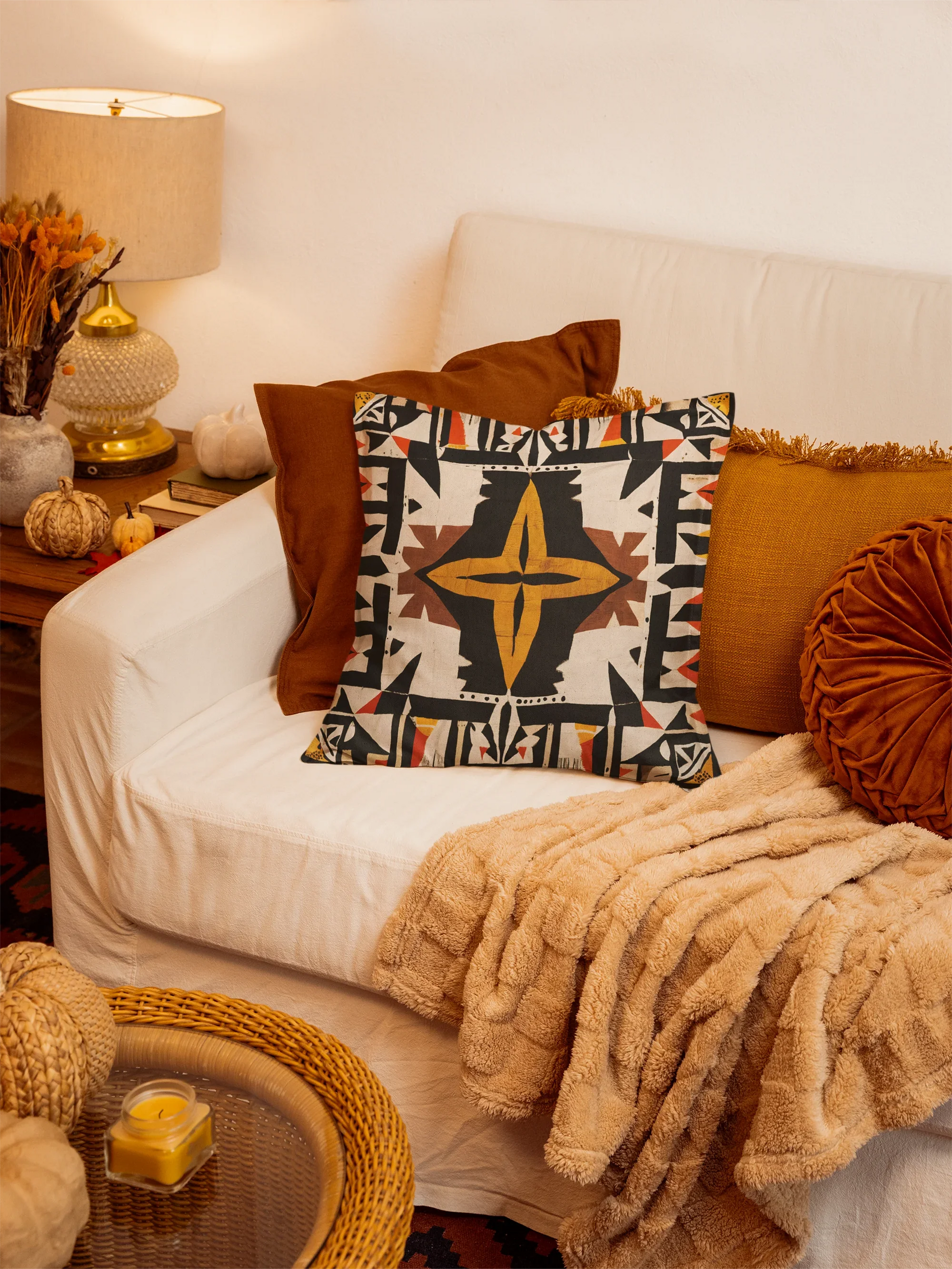 Decorative throw pillow on white couch in cozy fall-themed living room with warm accents