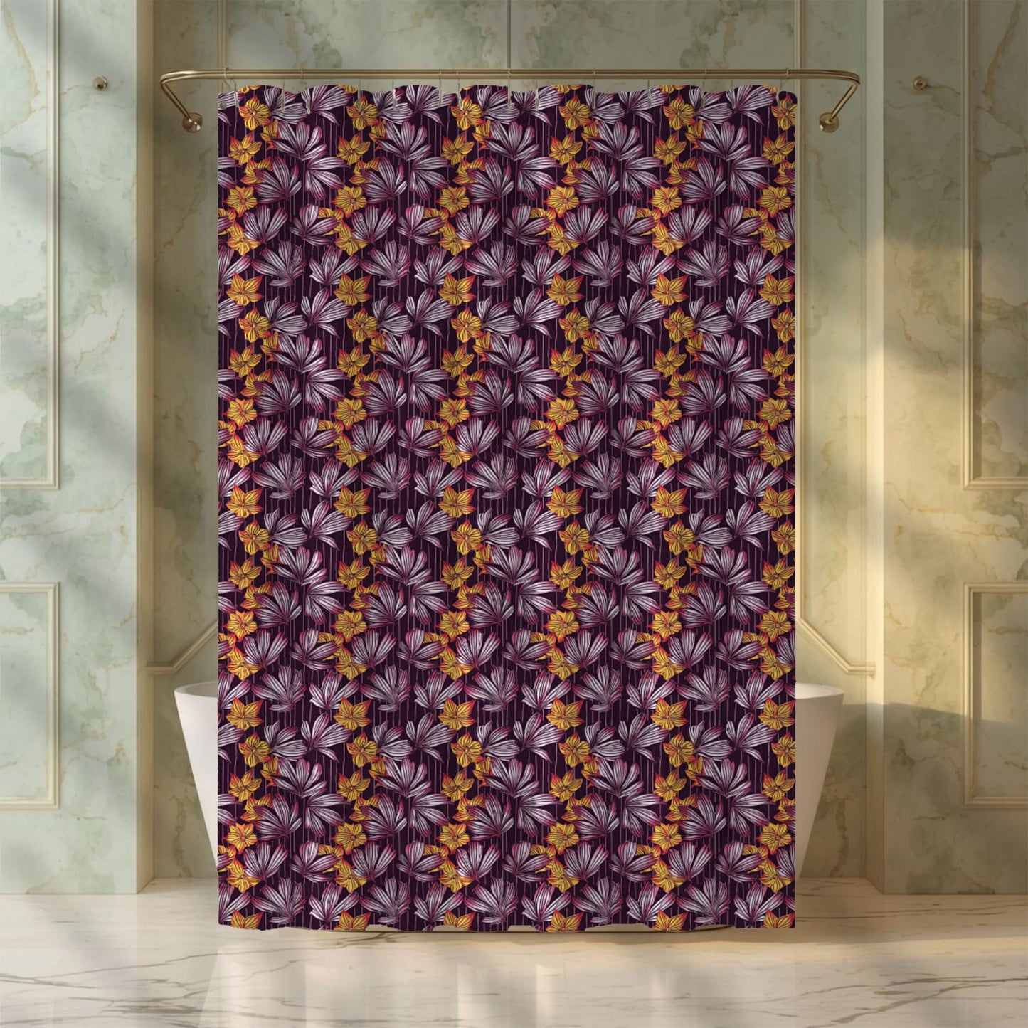Floral patterned shower curtain hanging in a bathroom with marble walls.