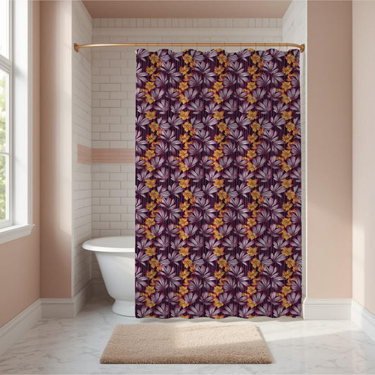 Bathroom with a floral-patterned shower curtain