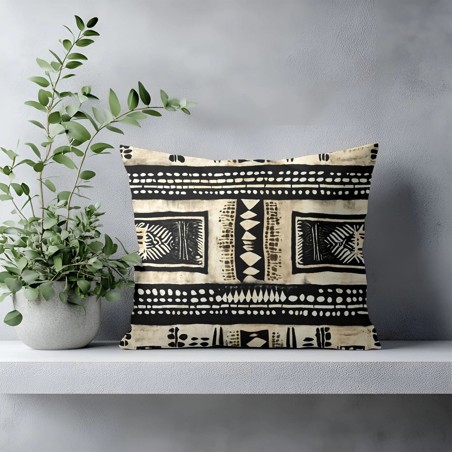 Tribal print throw pillow on minimalist shelf beside potted plant, modern home decor