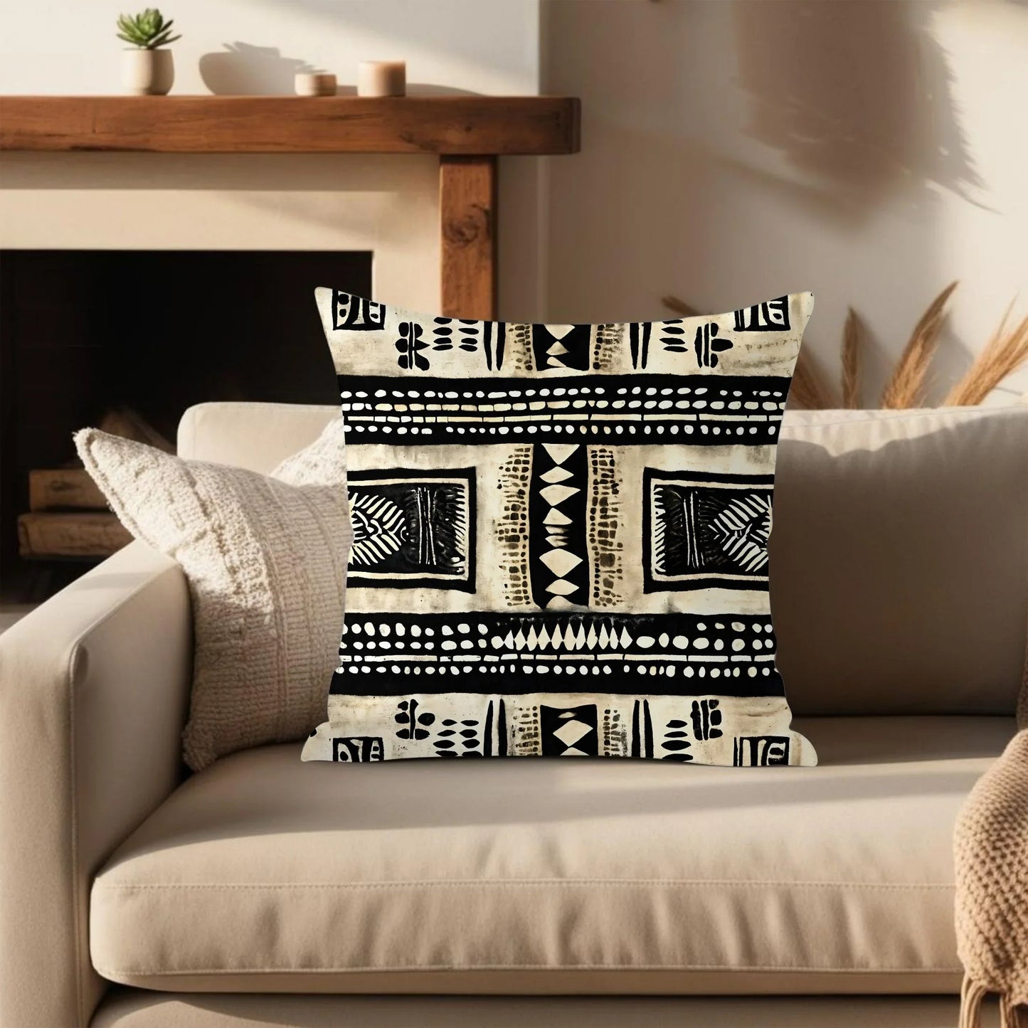 African mudcloth pattern throw pillow on beige sofa in cozy living room setting