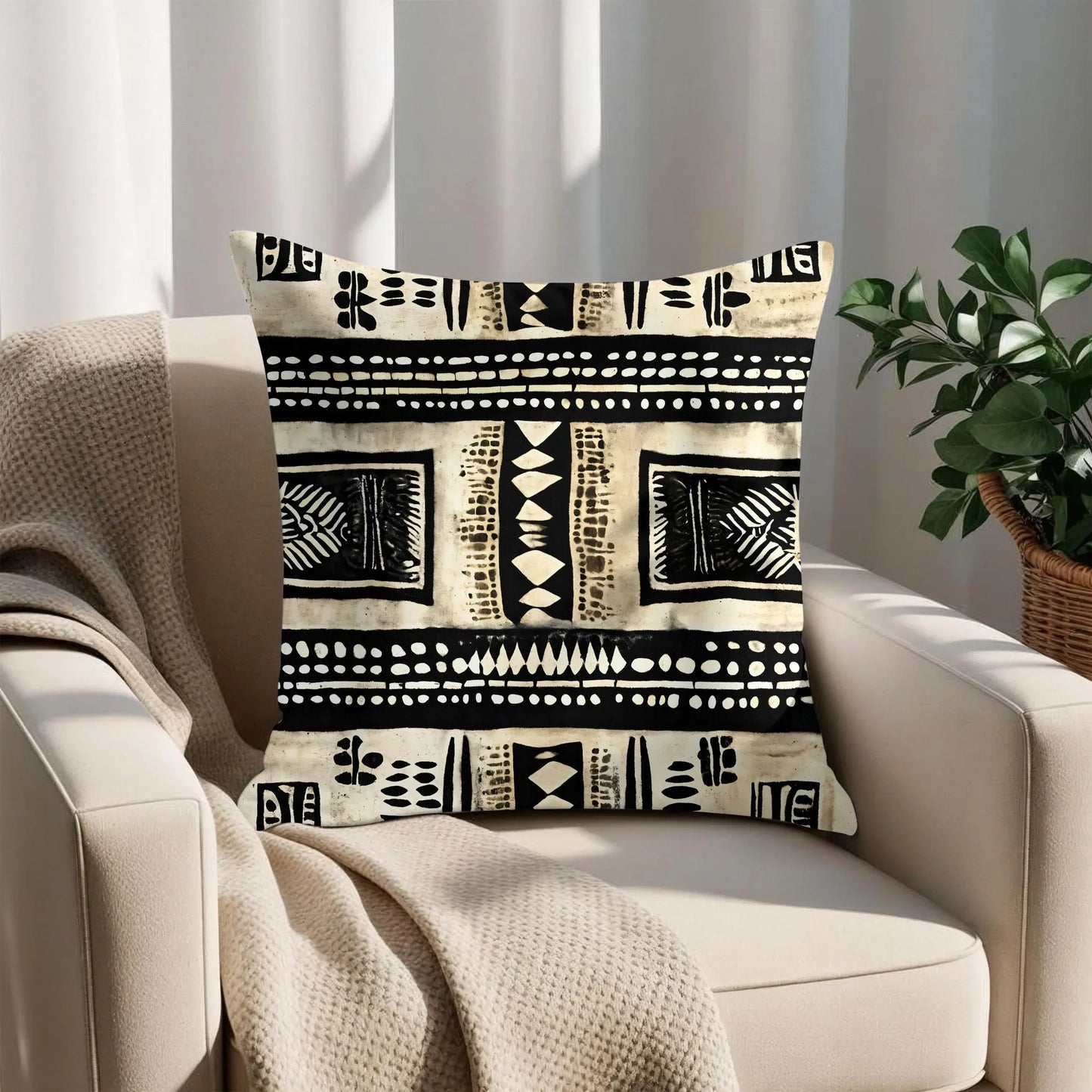 Mudcloth throw pillow with black and beige tribal pattern on beige armchair, cozy decor