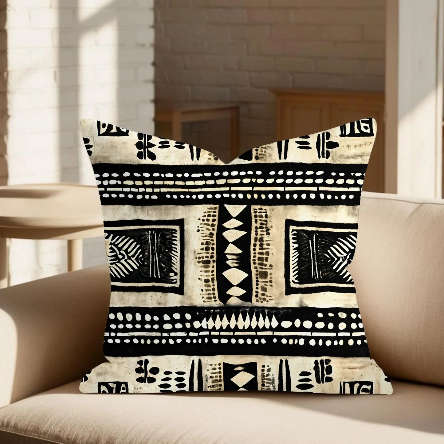 African mud cloth throw pillow with black and white tribal pattern on beige sofa in sunlight