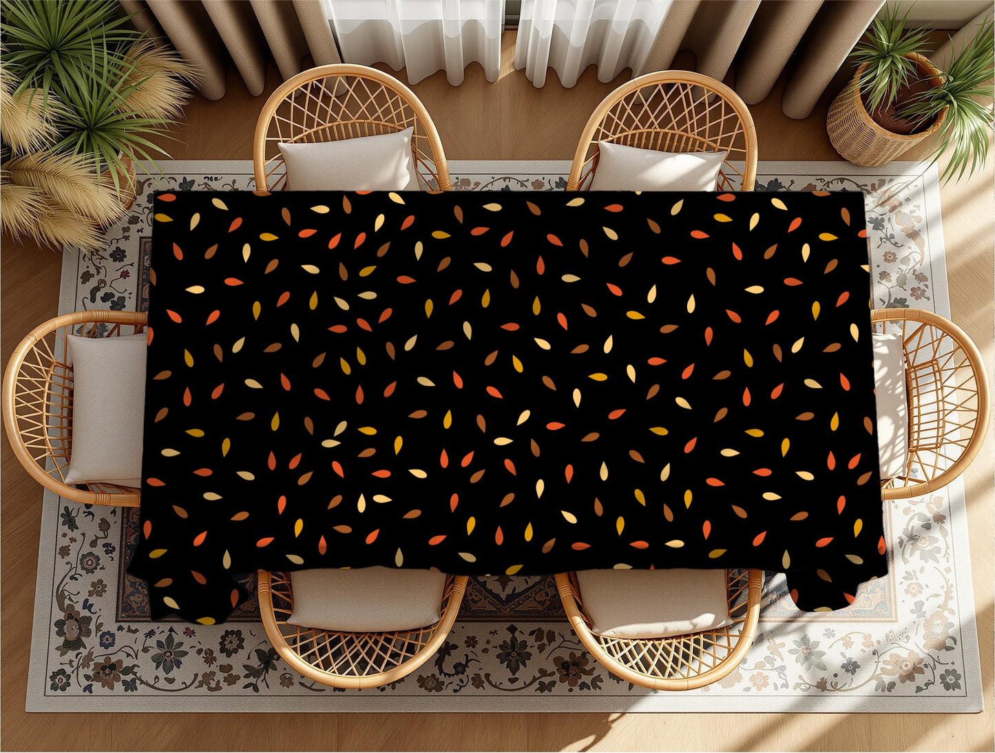 Cultural print tablecloth styled with napkins and placemats