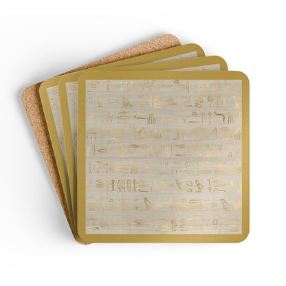 A set of four square coasters with an Egyptian hieroglyphics pattern, displayed on a white background. One coaster is shown with a cup of coffee on it, demonstrating usage.