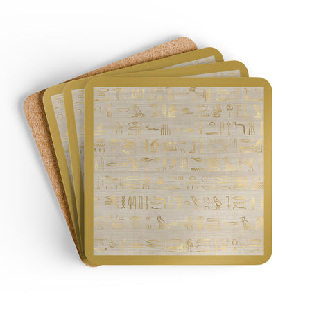 A set of four square coasters with an Egyptian hieroglyphics pattern, displayed on a white background. One coaster is shown with a cup of coffee on it, demonstrating usage.
