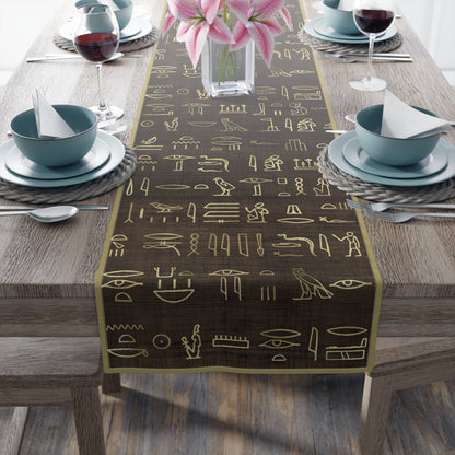 Bohemian table runner featuring spiritual and ethnic patterns in earthy tones.