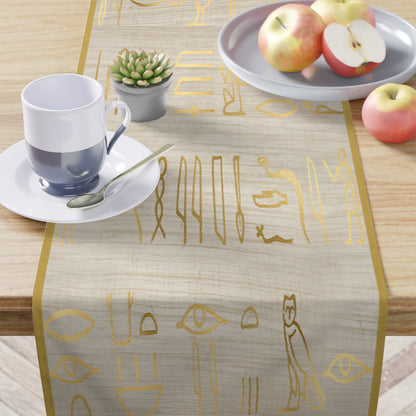 Bohemian table runner featuring spiritual and ethnic patterns in earthy tones.