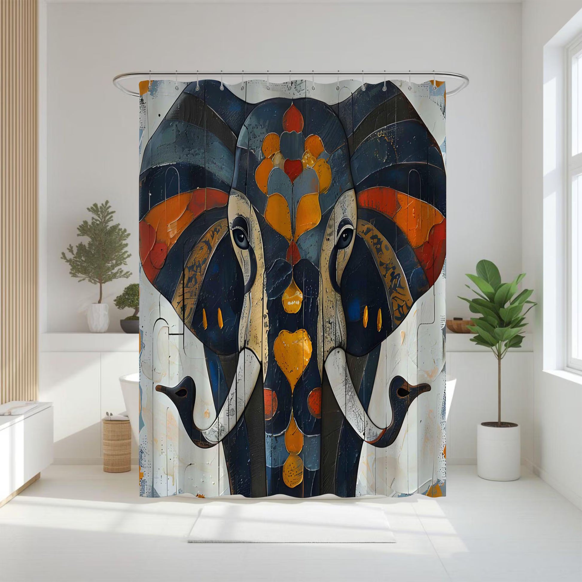 Colorful abstract elephant design shower curtain in a bathroom setting