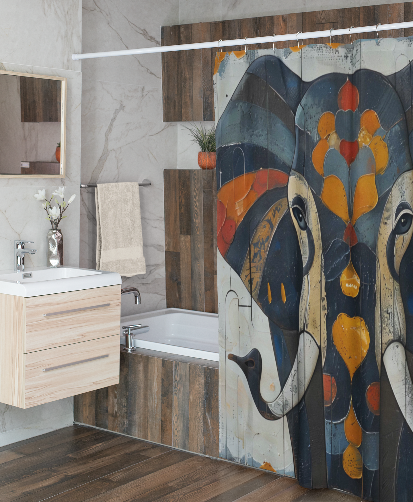 Bathroom with wooden wall paneling, bathtub, and decorative shower curtain with abstract design.