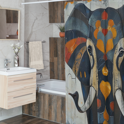 Bathroom with wooden wall paneling, bathtub, and decorative shower curtain with abstract design.