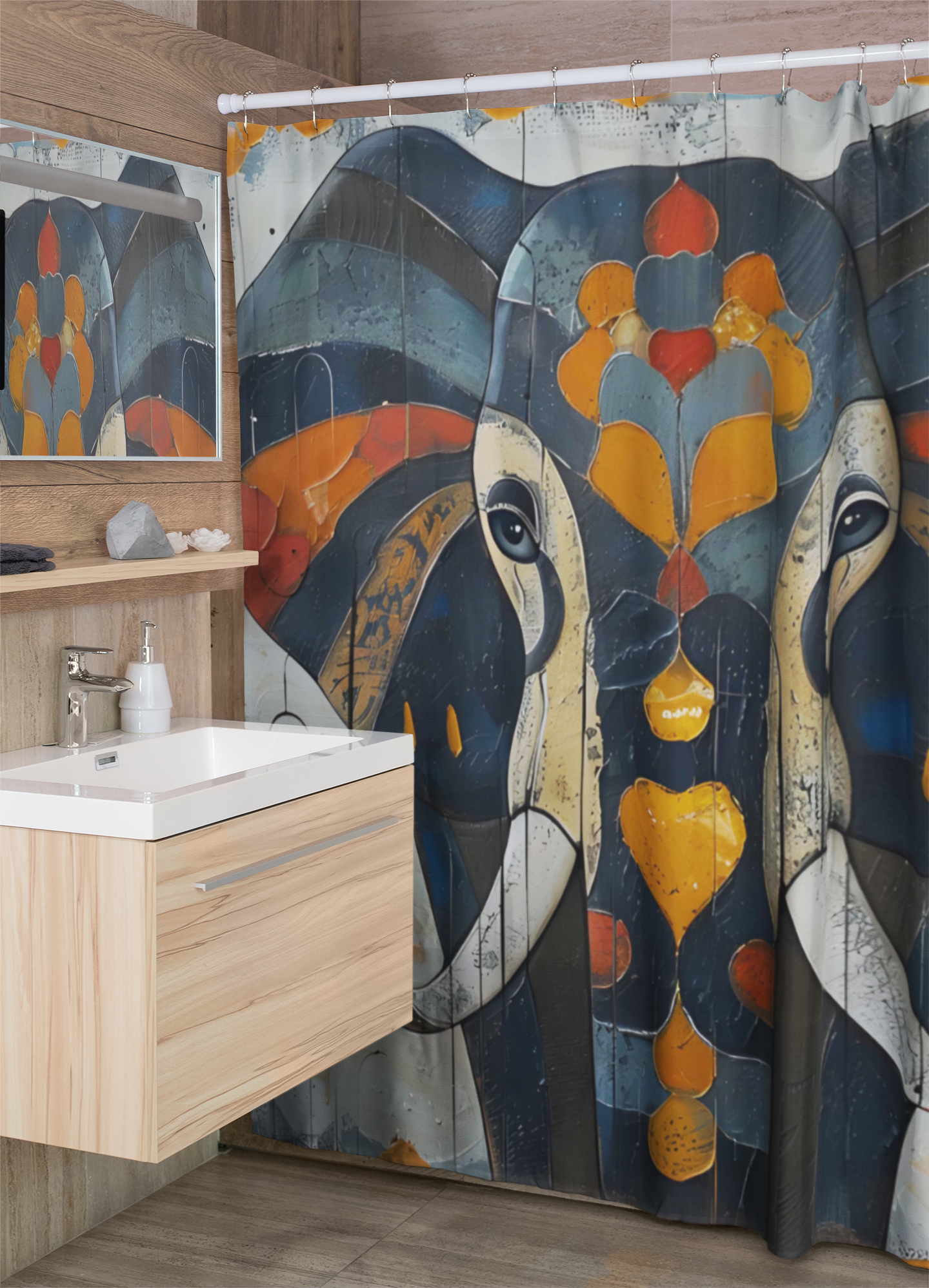 Bathroom with a colorful abstract shower curtain.