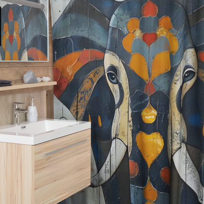 Bathroom with a colorful abstract shower curtain.