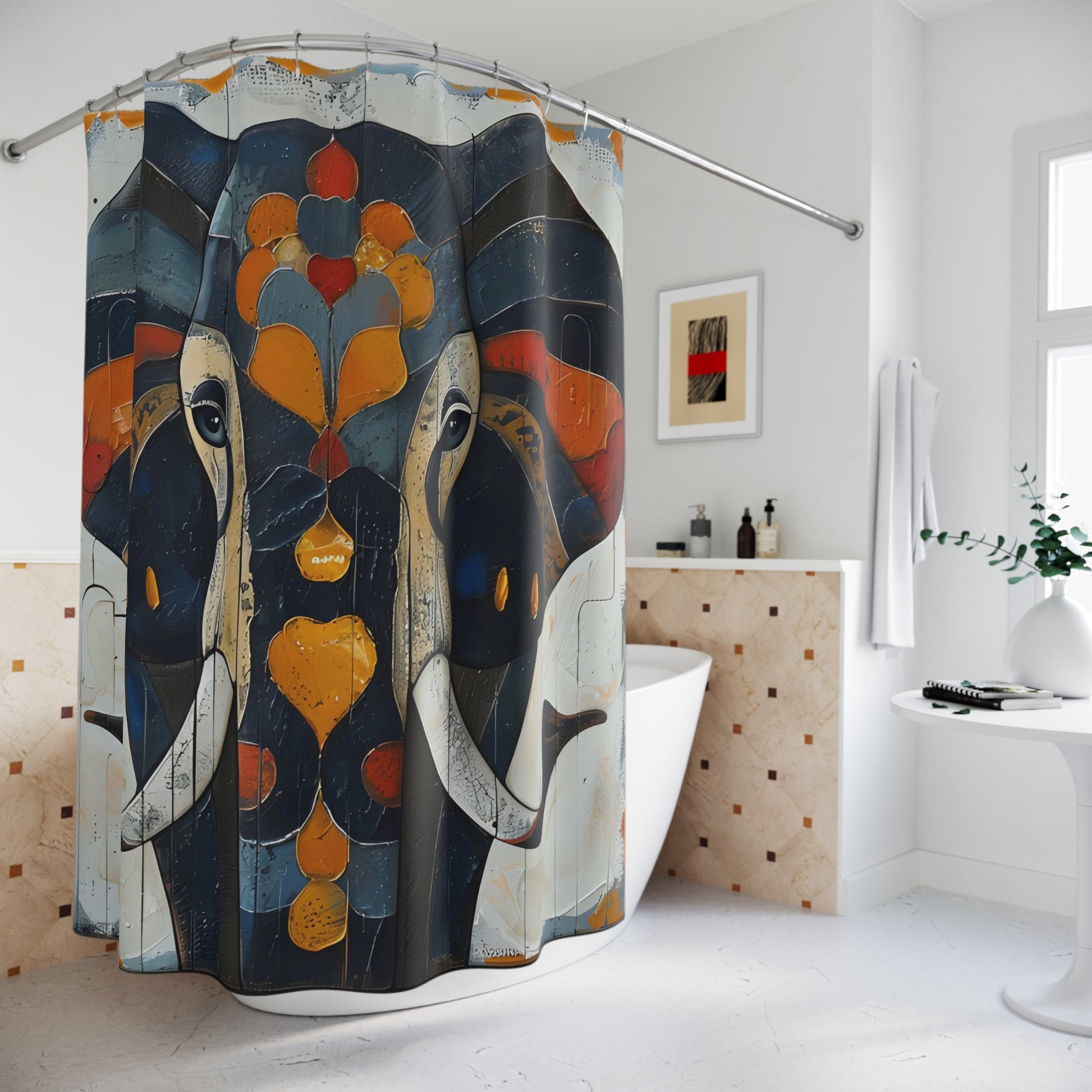Shower curtain with abstract elephant design, is a modern shower curtain bathroom