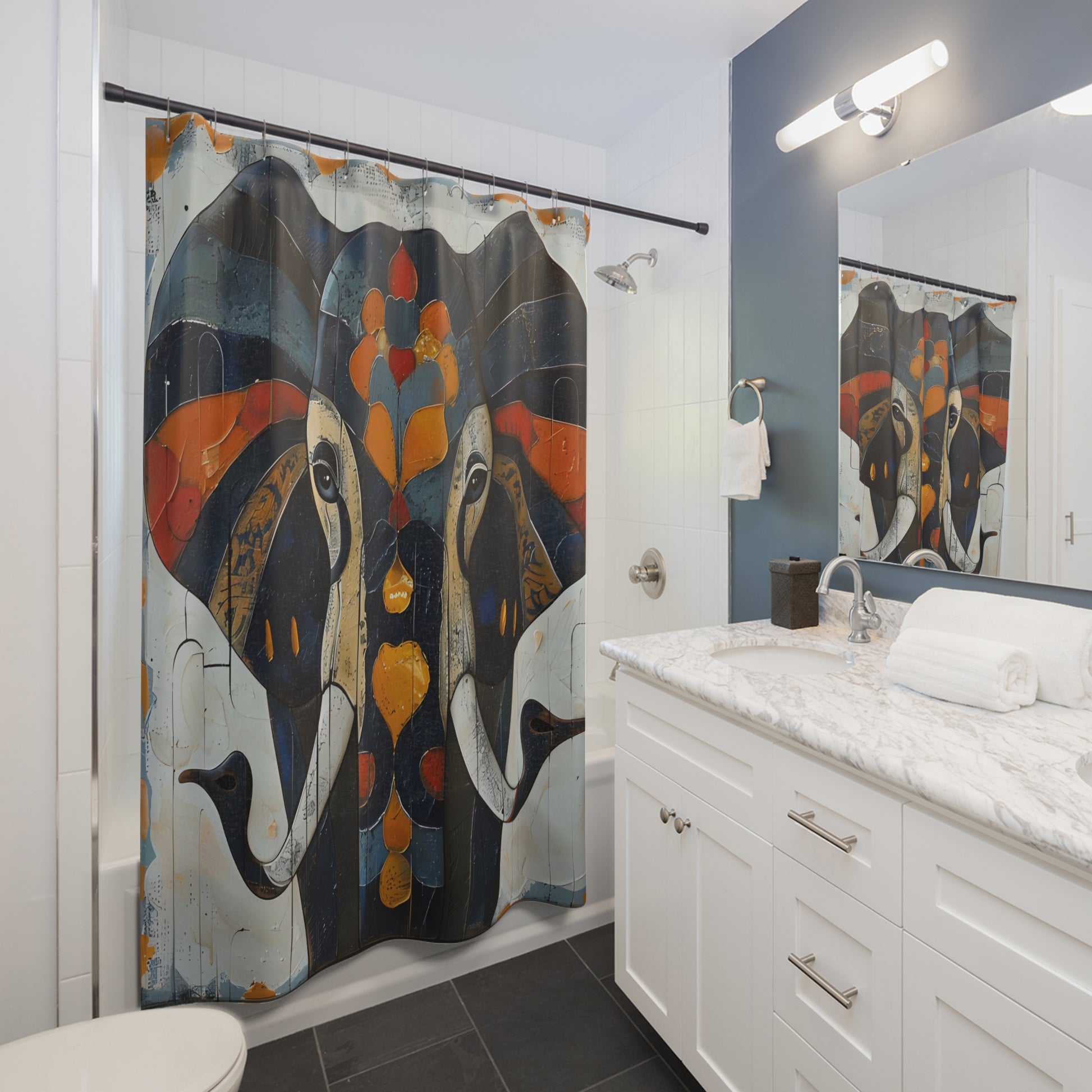 Bathroom with a colorful elephant-themed shower curtain and white vanity.