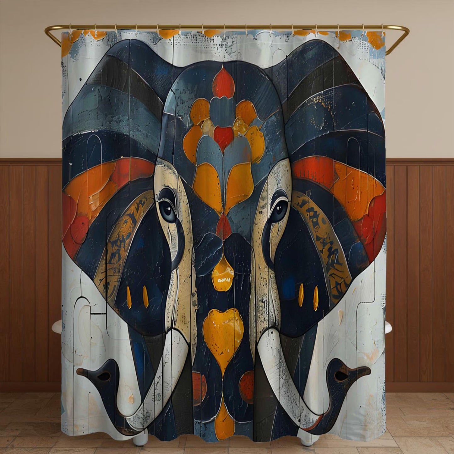 Shower curtain with abstract elephant design in a bathroom setting
