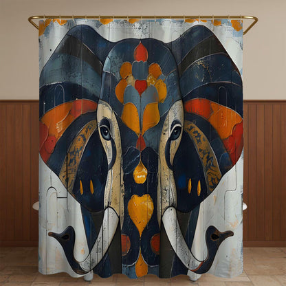Shower curtain with abstract elephant design in a bathroom setting
