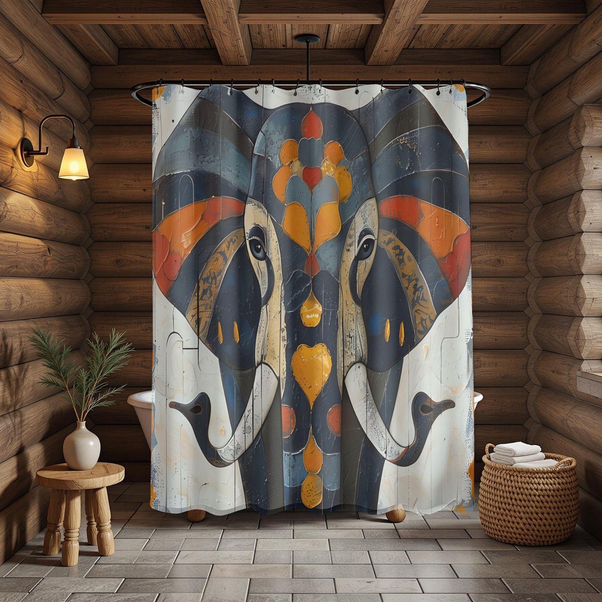 Shower curtain with elephant design in a rustic bathroom