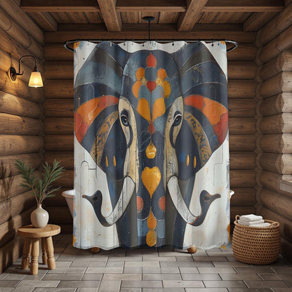 Shower curtain with elephant design in a rustic bathroom
