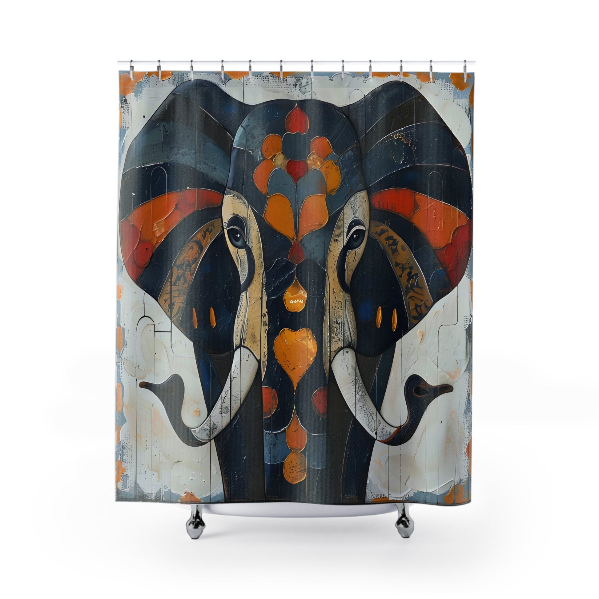 Cultural Print Shower curtain with abstract elephant design on a white background