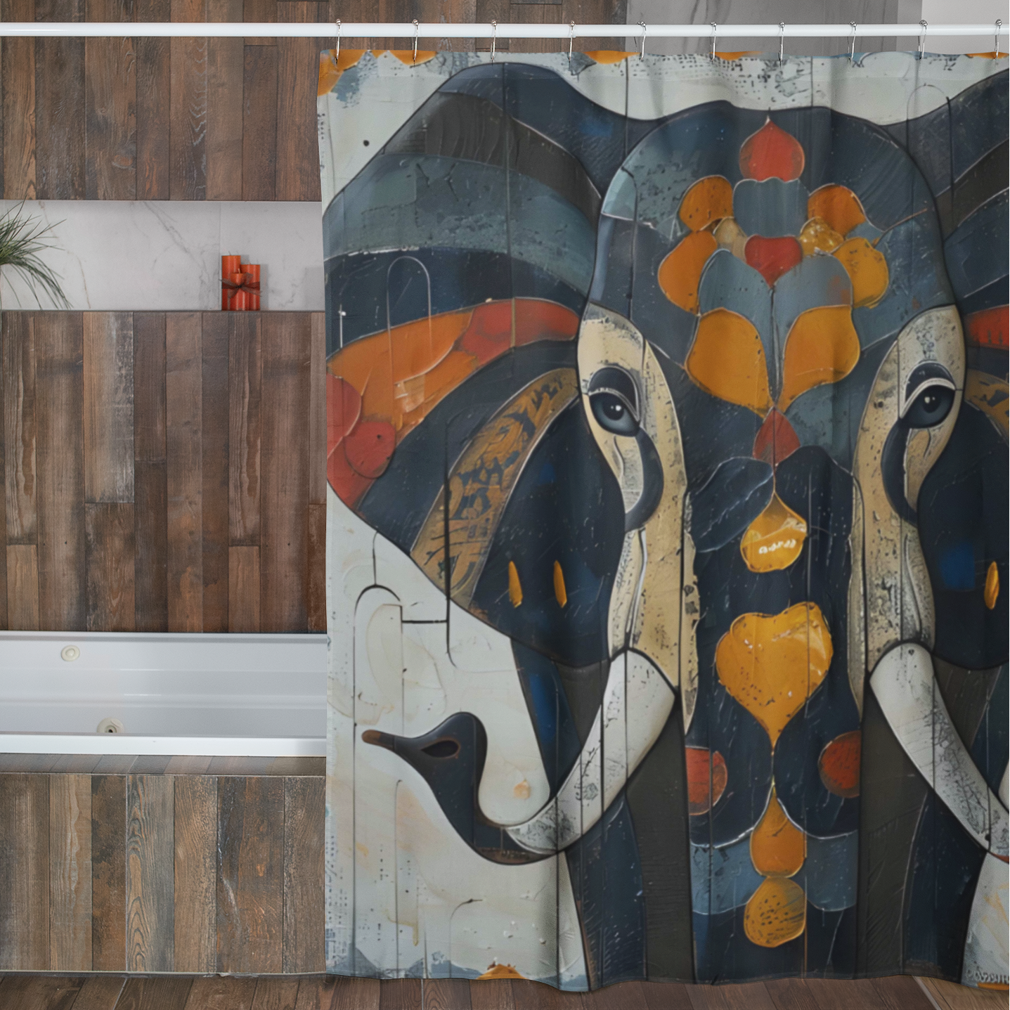 Bathroom with a decorative mosaic elephant shower curtain.