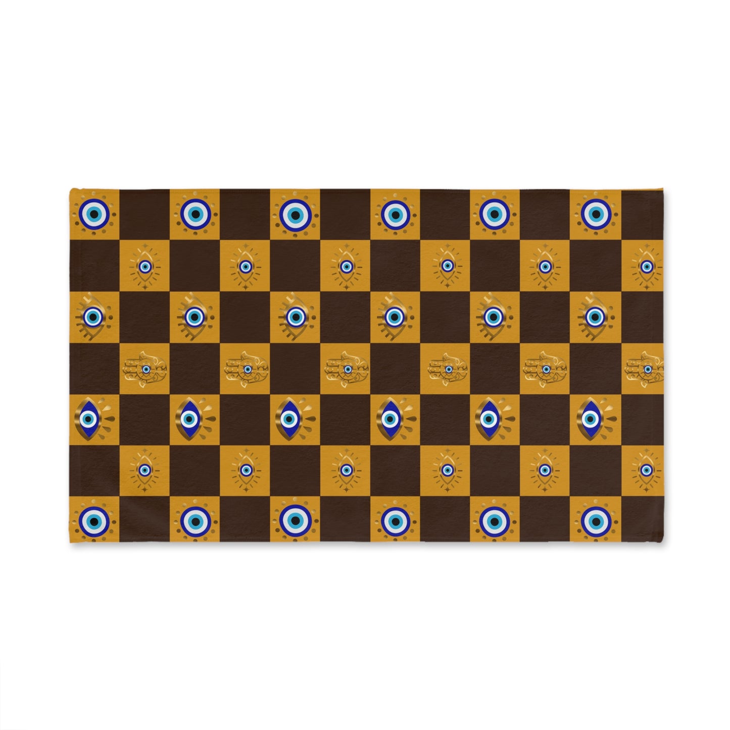 Checkered board with blue and white eye designs on a brown and yellow background