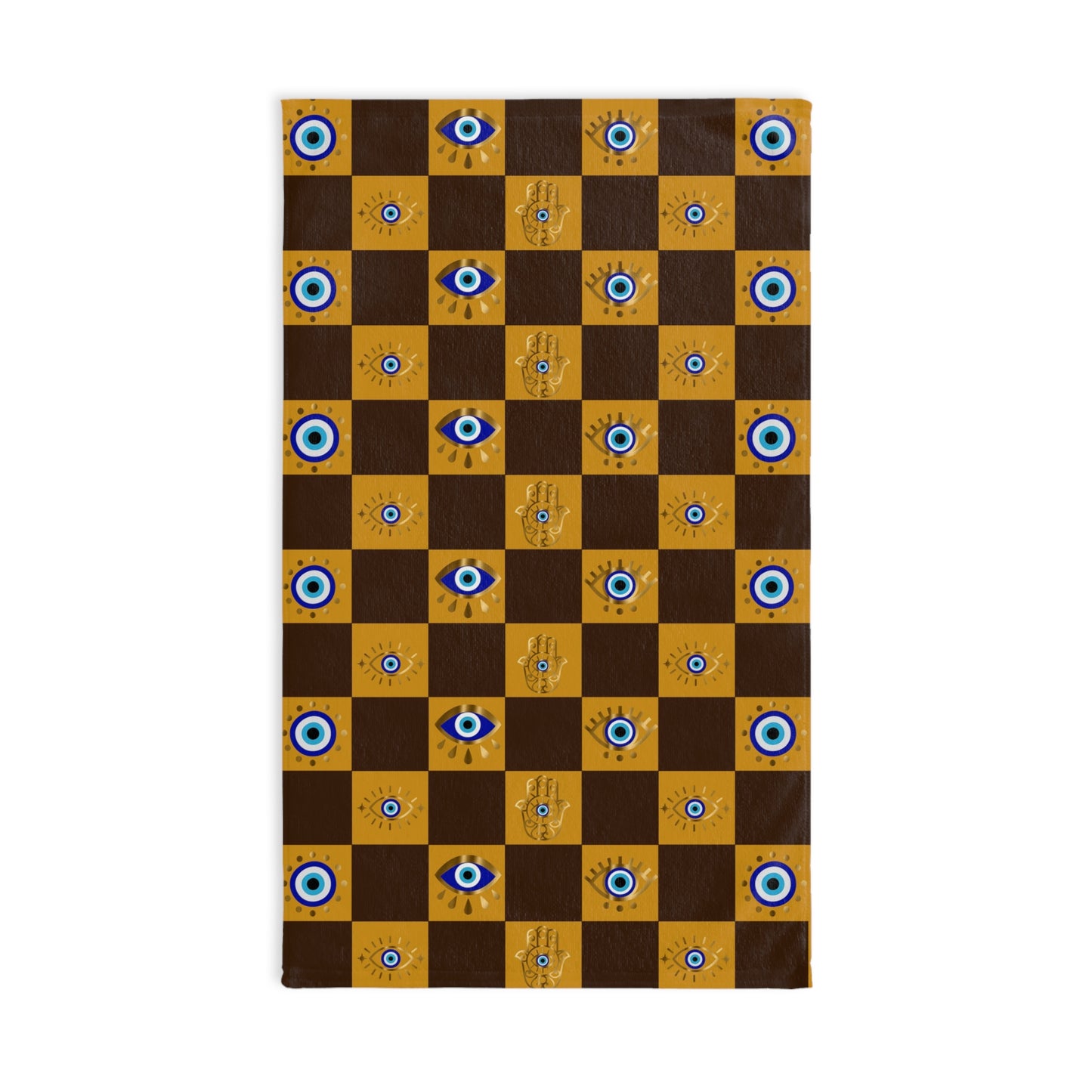 Checkered towel with blue eye and hand designs on a white background