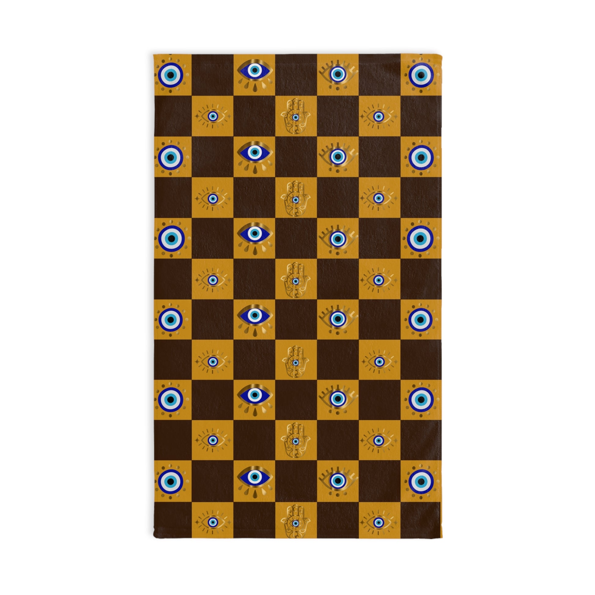 Checkered towel with blue eye and hand designs on a white background