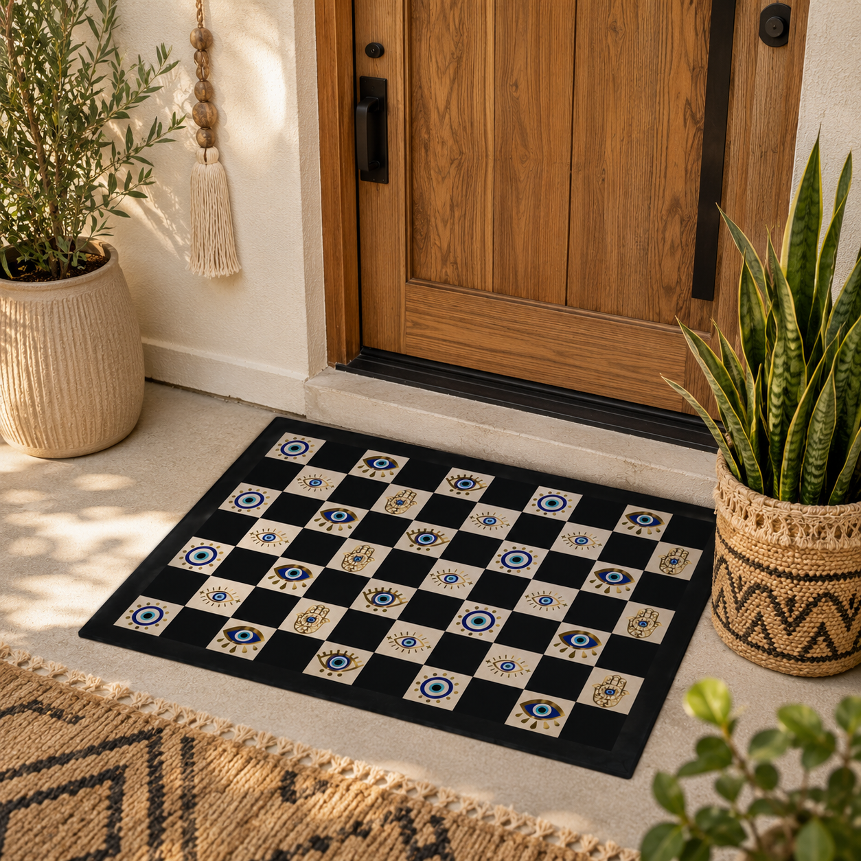 Evil Eye Checkerboard Doormat | Hamsa Hand Welcome Mat