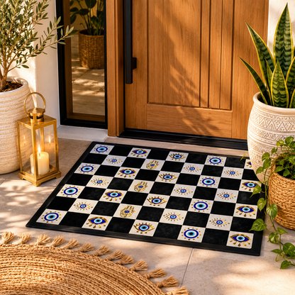 Evil Eye Checkerboard Doormat | Hamsa Hand Welcome Mat