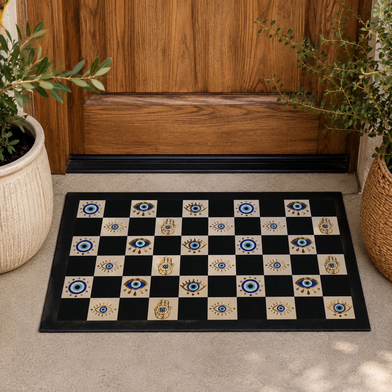 Decorative doormat with geometric pattern on a wooden floor