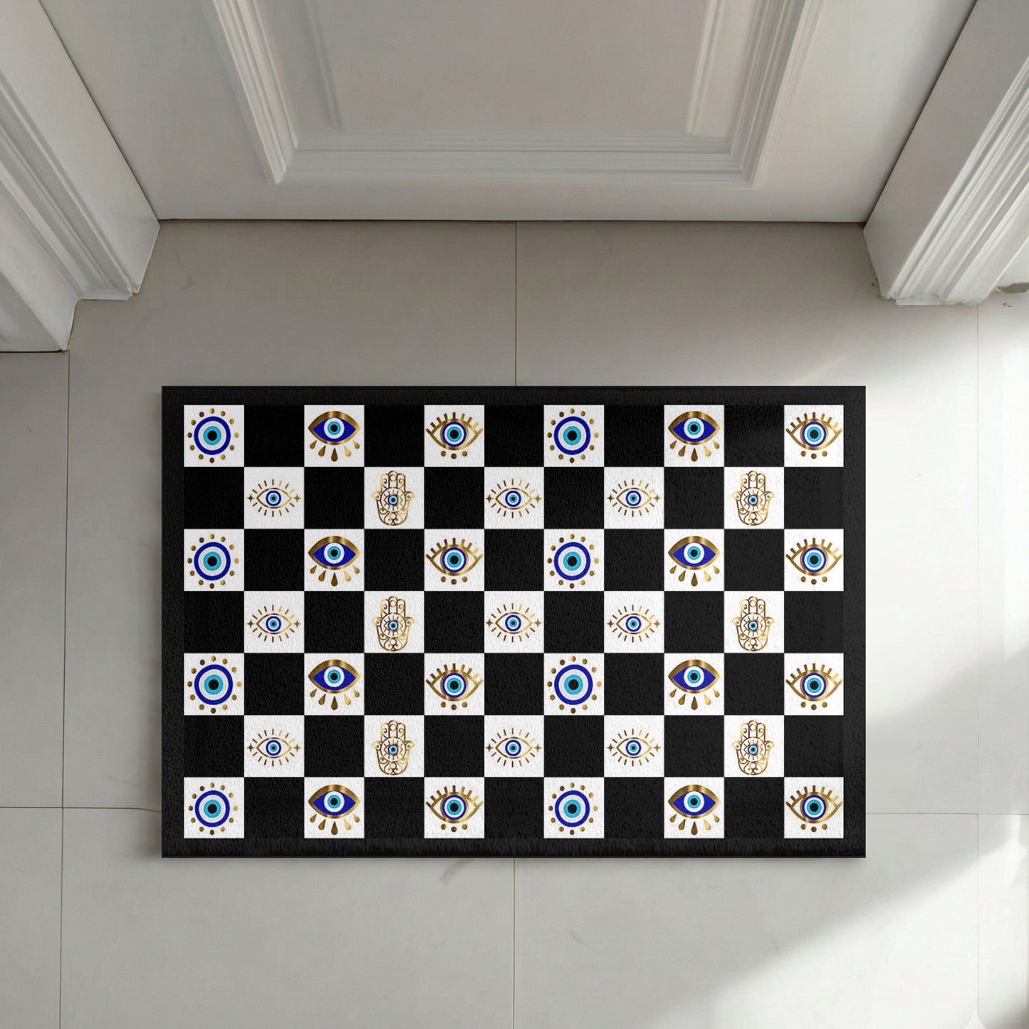 Decorative checkered rug with eye and hand patterns on a tiled floor.
