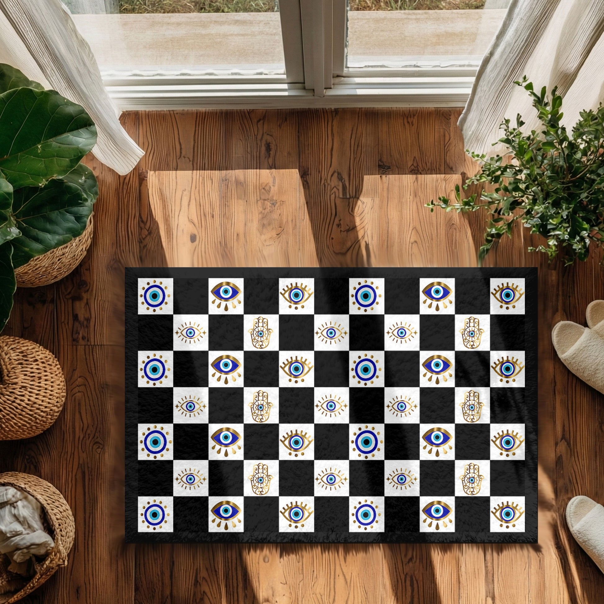 Checkered rug with eye pattern on a wooden floor