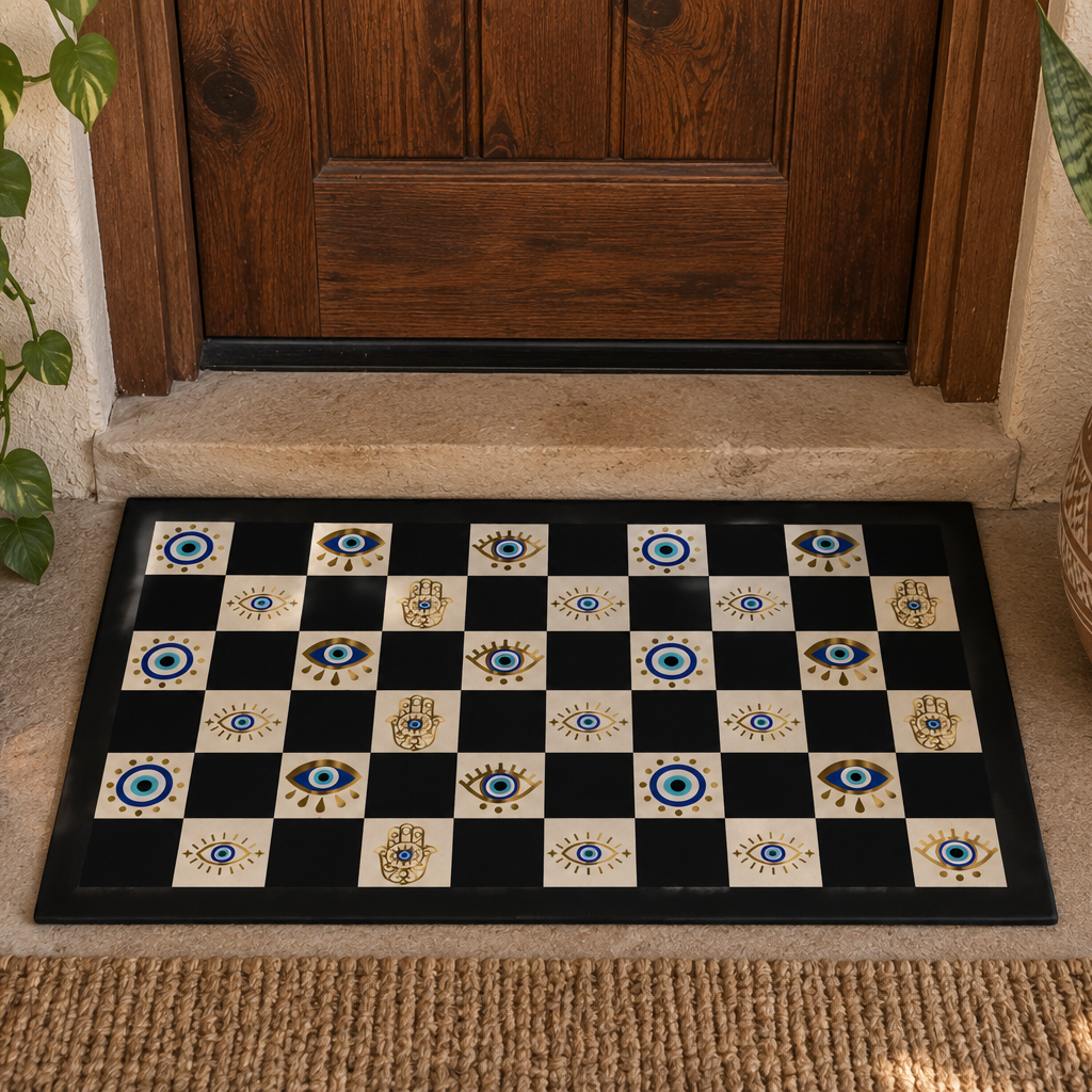 Decorative doormat with eye and hand patterns on a checkered design in front of a wooden door.