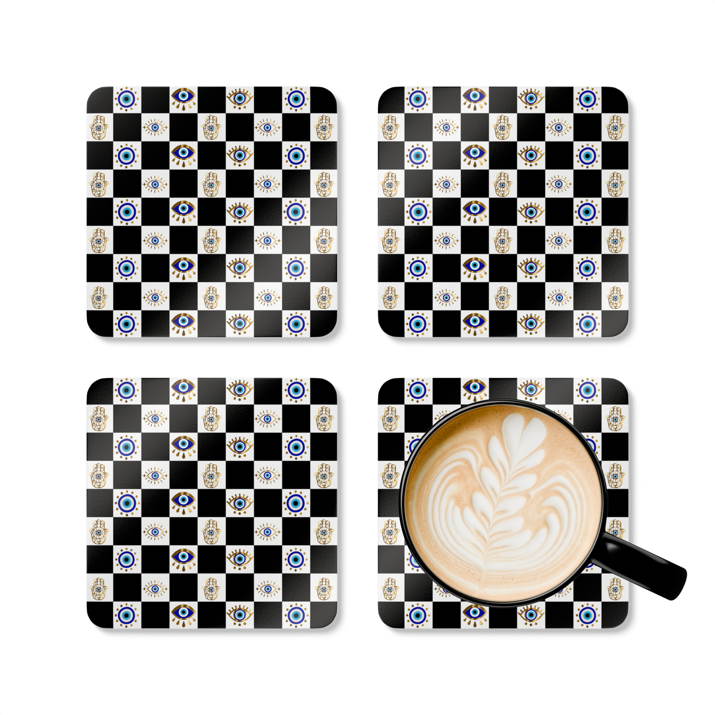 Bohemian coaster set featuring spiritual and ethnic patterns in earthy tones.