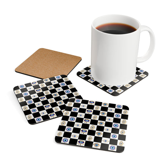 Set of checkered coasters with a mug of coffee on a white background
