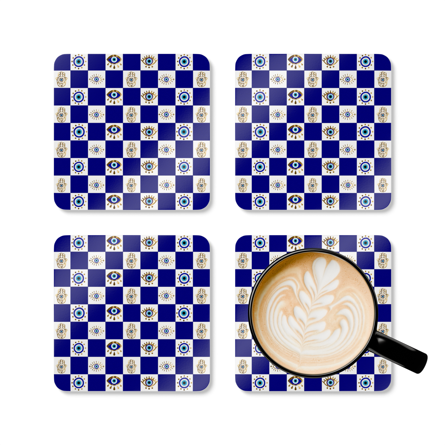 Bohemian coaster set featuring spiritual and ethnic patterns in earthy tones.