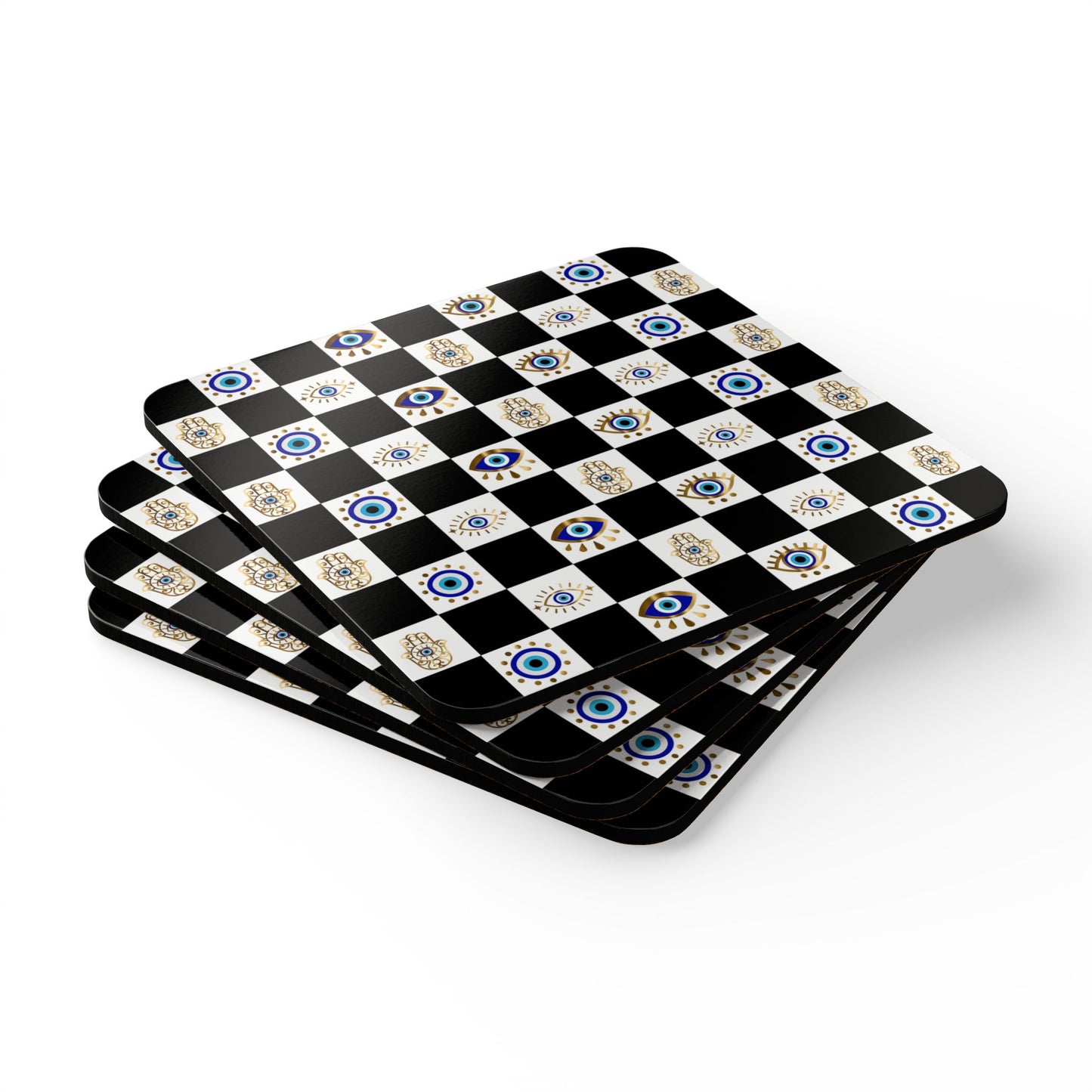 Set of four checkered coasters with decorative patterns on a white background