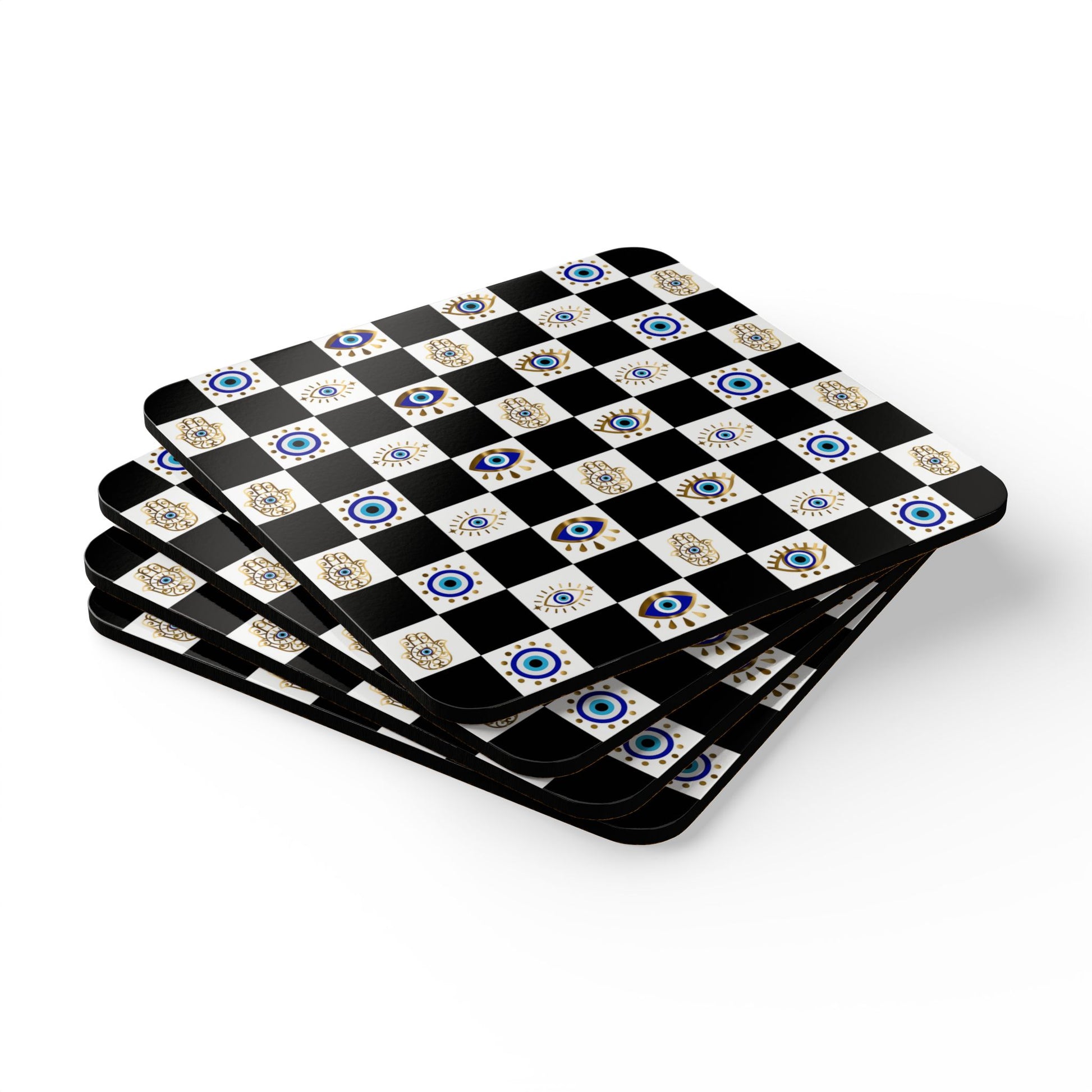 Set of four checkered coasters with decorative patterns on a white background
