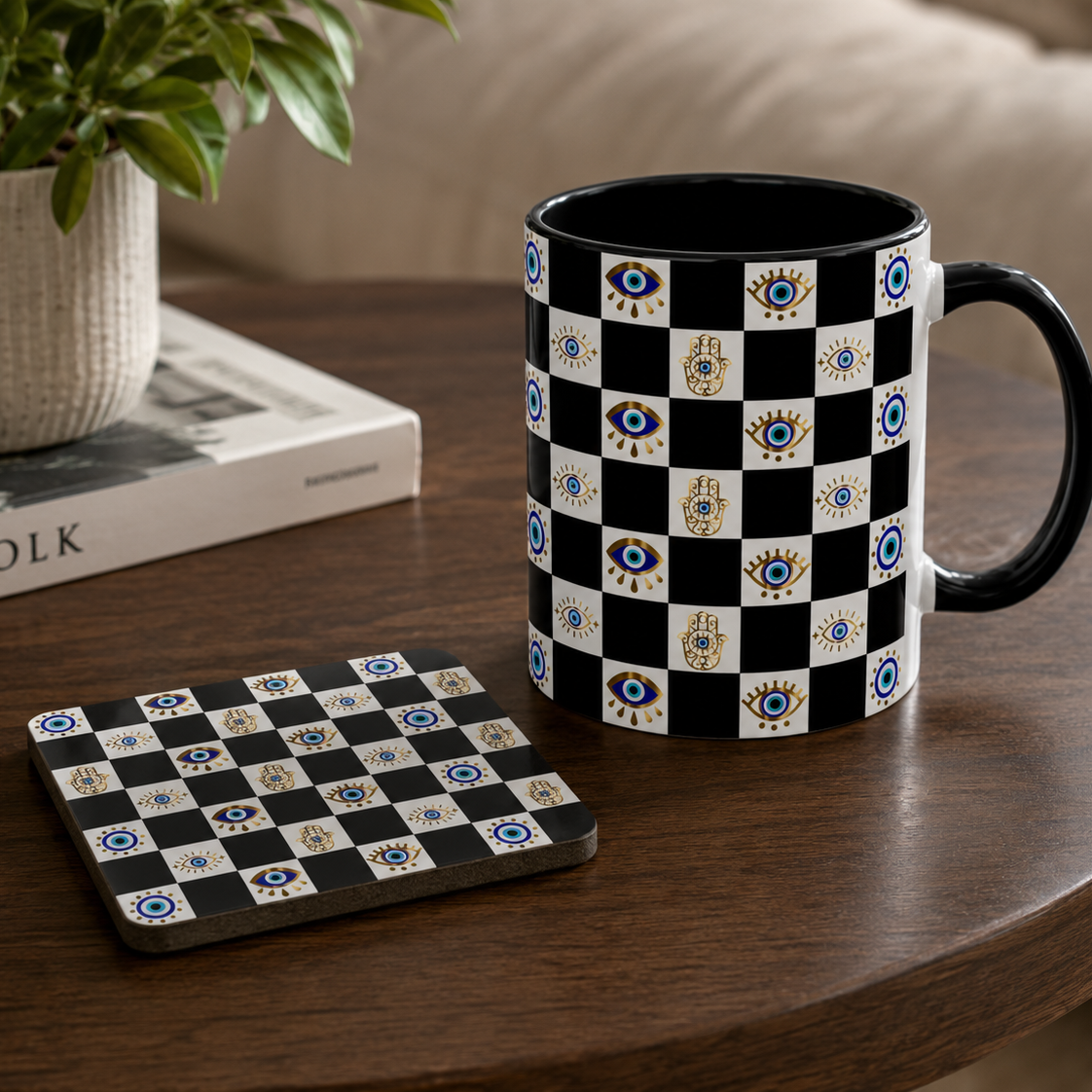 Black and white checkered mug and coaster on a wooden table with a plant and book in the background.