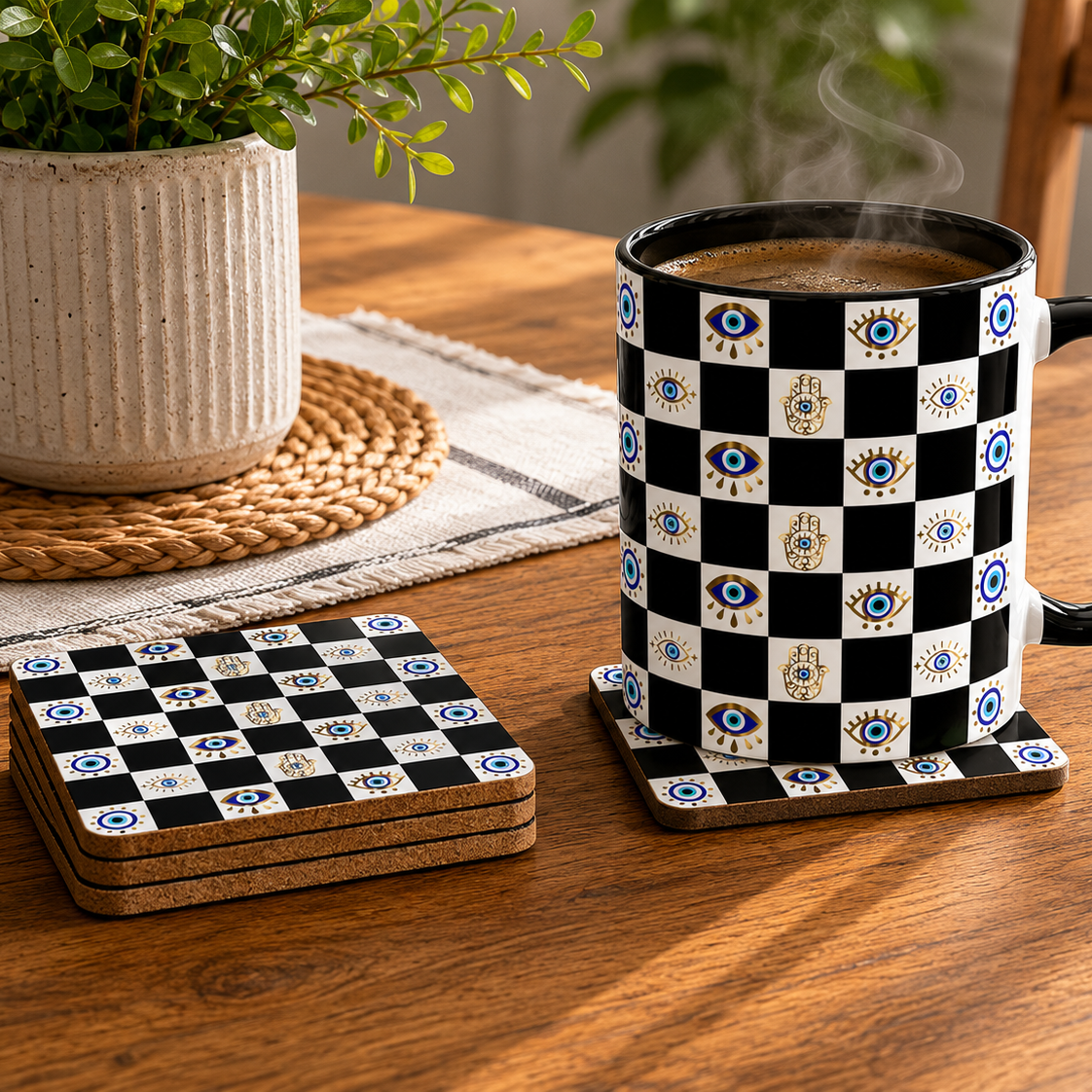 Checkered mug with decorative elements on a wooden table with a plant and coasters.